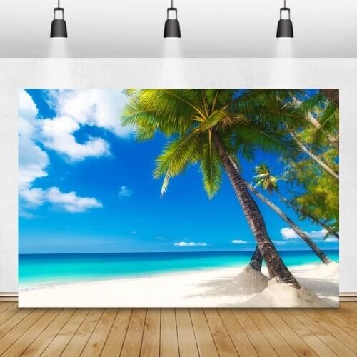 Blue Sky White Clouds Palms Trees Seaside Sunset Photography Backgrounds Tropical Backdrops Summer Party Photophone Photocall