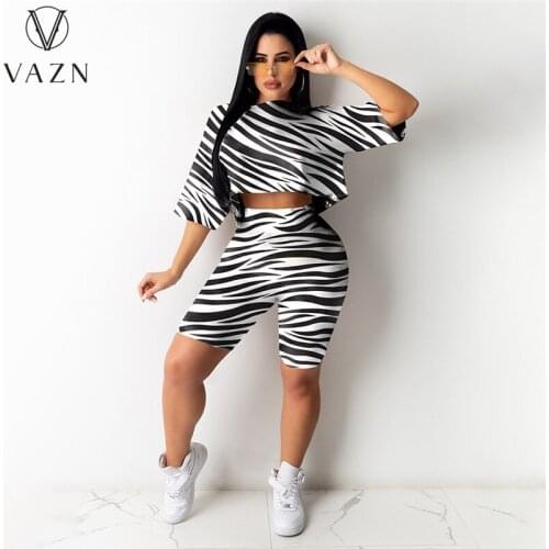 VAZN 2021 Summer High Street Tracksuits Daily Free Casual Tracksuits Young Half Sleeve Knee Length Slim Women 2 Piece Set