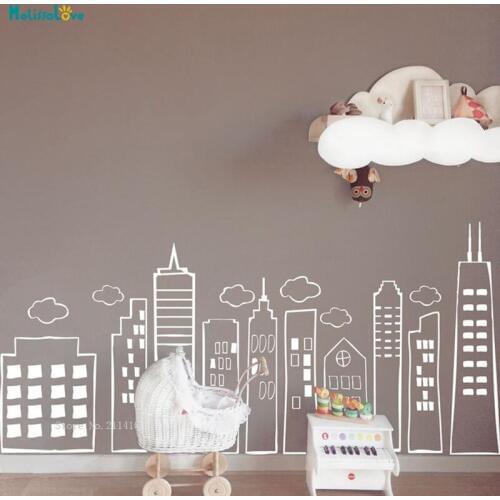 Small Whimsical Doodled City Skyline Wall Sticker Art Vinyl Decor for Kids Play Room Schools Libraries Removable Decals YT1150