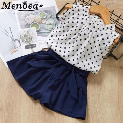 Menoea 2020 Children Dots Pattern Shirt And Solid Color Short Pants Clothes Sets 2Pcs kids Girl Clothes Suits