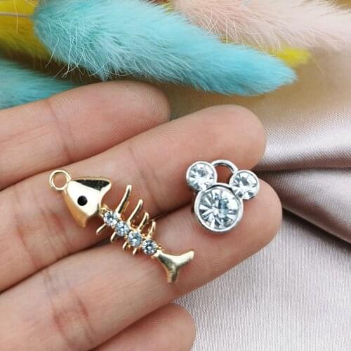 10pcs/pack Rhinestone Fish Bone Metal Enamel Charms Pendant Shinny Mouse Earring Bracelet Dangle DIY Jewelry Making