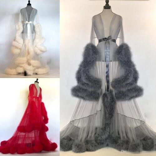 Fashionable Bridal Feather Nightgown Transparent Robe Tulle Lady Sexy Lingerie Nightgown Long Skirt