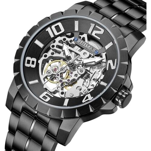 RUIMAS fashion Automatic Movt Watch Men Business Mechanical Watches Skeleton Hollow Out Male Clock Wristwatches Erkek Kol Saati