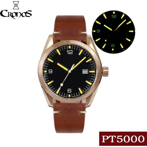 Cronos Men Watch Bronze CuSn8 Automatic PT5000 SW200 Sapphire Crystal Leather Rubber Strap Sterile Customizable