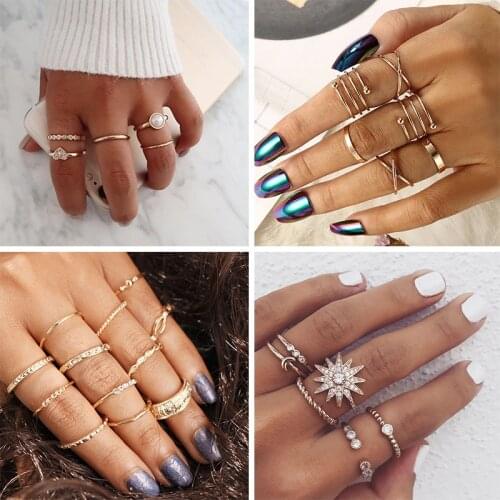 Bohemia Vintage Ring Set Crystal Flower Leaves Moon Geometry Ring Sets Women Girl Personality Wedding Anniversary Party Jewelry