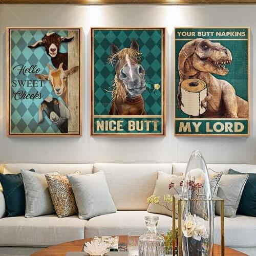 Funny Bathroom Toilet Wall Art Posters And Prints , Horse Goat Animals Vintage Canvas Painting Pictures WC Bathroom Wall Decor