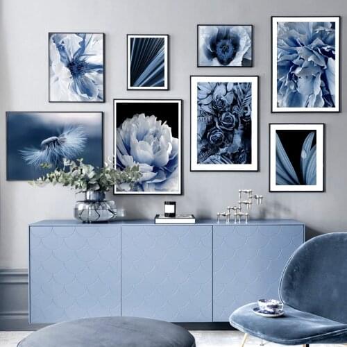 Blue Dandelion Peony Palm Leaf Dew Wall Art Canvas Painting Nordic Posters and Prints Plant Wall Pictures for Living Room Decora