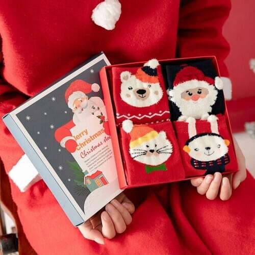 4 pairs Adult Red Tube New Year Socks 2021 Christmas Gift Box Socks Women Set Christmas Tree Snowman Cartoon Warm Cotton Socks