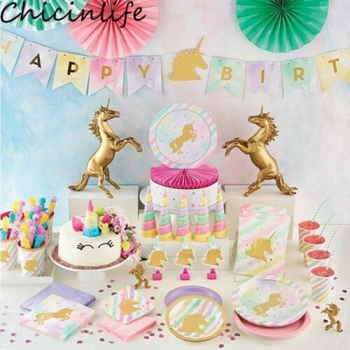 Chicinlife Unicorn Happy Birthday Banner Disposable Tableware Paper Cup Plates Napkin Baby Shower Kids Favor Unicorn Party Decor