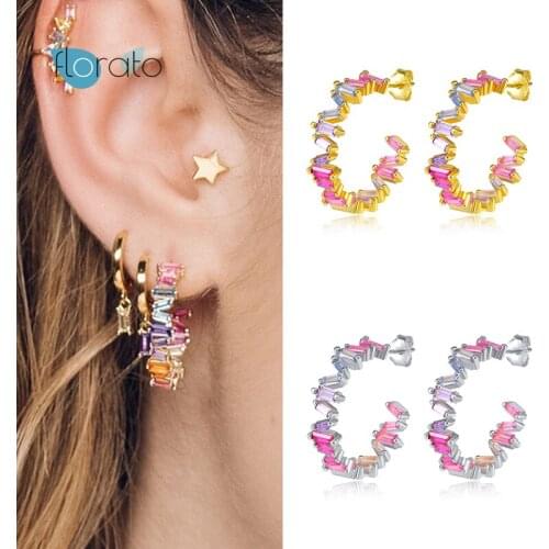 925 Sterling Silver Rainbow Zircon CZ C Shape stud Earring 2021 Fine Jewelry Rock Punk Luxury Crystal Exquisite Jewels For Women