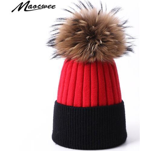 Winter Fashion Real Fur Pompom Hats For Children Women Soft Caps Kids Childs Girls Wool Knitted Warm Ourdoor Skullies Beanies
