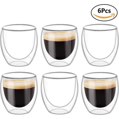 Double Wall Cups Glass 8.5 OZ - Set of 6, Insulated Thermal Mugs Glasses For Tea, Coffee, Latte, Cappucino, Cafe, Milk