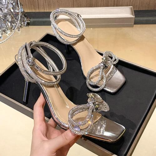 Rhinestone High-heeled Shoes Women 2021 New Ladies Temperament Fairy Style High-heeled Thin Heel Cross-wrap Bow Sandals