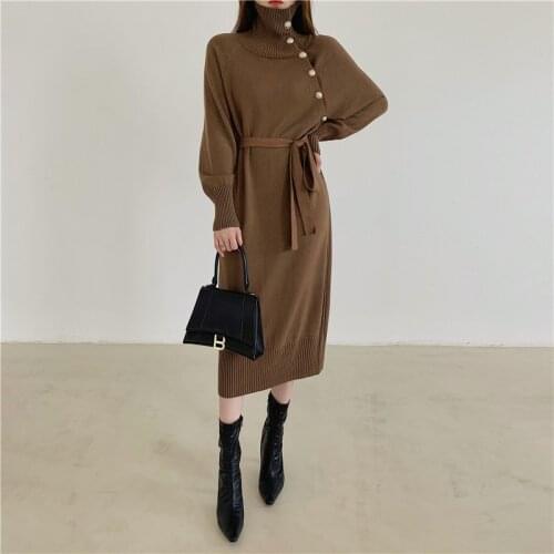 Evening Party Female Beautiful Elegant Dress Chic Autumn Winter 2021 New Button Sash Tie Up Formal Dresses Lady