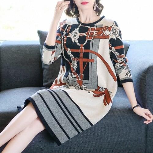 2021 Vintage Knitting Cotton Midi Dresses Spring Autumn Plus Size Print Long Sleeve Dress Elegant Women Bodycon Party Vestidos