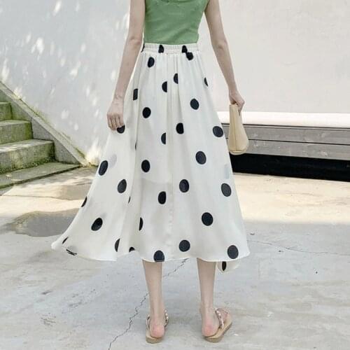 2021 New Elegant Skirt Women Polka Dot Chiffon Long Skirts Ladies Spring Summer Black White Fashion Korean A Line Skirt Female