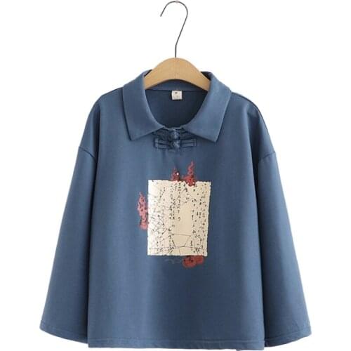 Women Sweatshirts Cartoon Print Mori Girl Hoodies 2020 Autumn Flare Sleeve Turndown Collar Cotton Pullover Korean Tracksuits