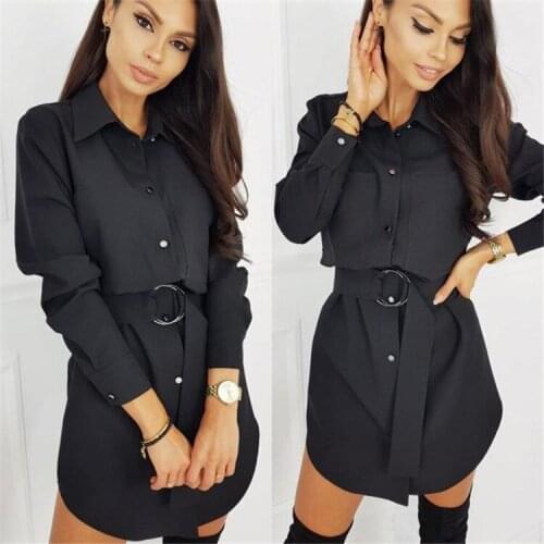 Womens Black Shirt Dress Long Sleeve Lapel Button Closure Dress Casual Blouse Top with Belt trendy clothes for women goth dress