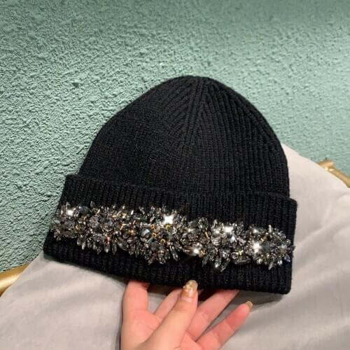 Winter Hats Beanies for Women Knitted with Stones Shiny Fashion Black Caps Warm Autumn New Beanies Female Girls Bonnet Wholesale