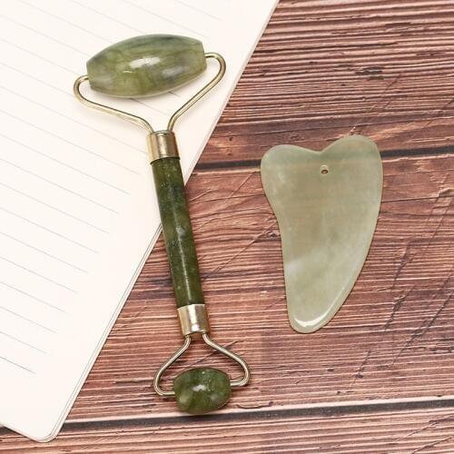 1/2pcs GuaSha Facial Face Thin Roller+Body GuaSha Board Massager Natural Jade Board Scraping Tool Health Care Relax