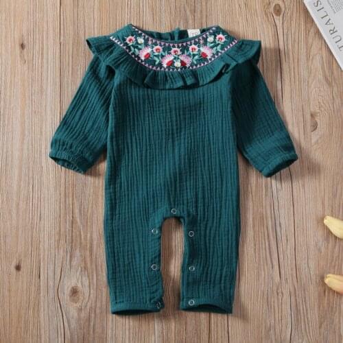 2020 Solid Lovely Newborn Kids Baby Girls Clothes Ruffle Flower Embroidery Romper Jumpsuit Outfits Spring Autumn Clothes 0-18M