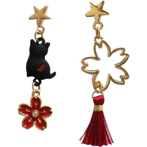 Asymmetrical cute cat flowers playful tassels wearing student earrings