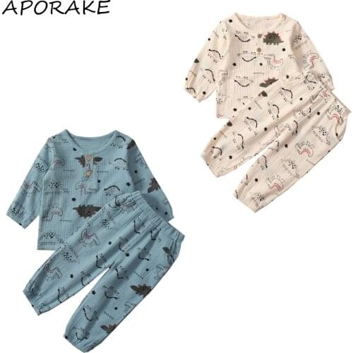 2021 0-5Y Casual Infant Boy Clothing Set Spring Autumn Cartoon Dinosaur Print Long Sleeve Top+Pants Cotton Linen 2pcs Outfits