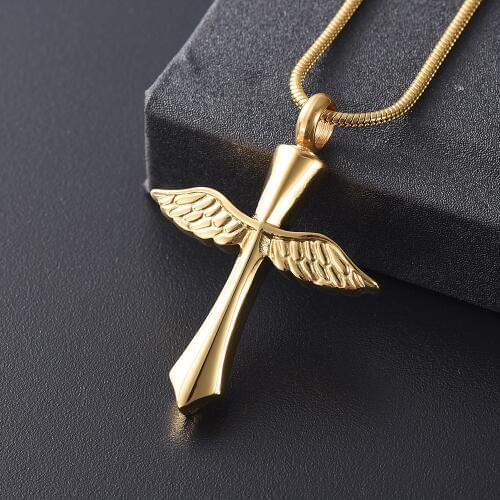 IJD9654 Gold Angel Wing Cross Keepsake Memorial Urn Necklace for Ashes of Loved One,Mini Cross Wing Cremation Jewelry Pendant