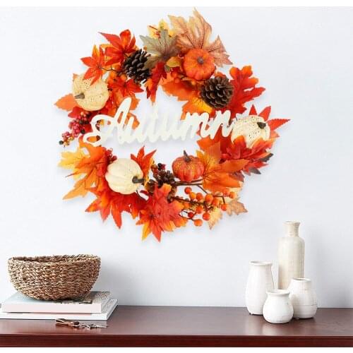 45cm Artificial Summer Wreath Maple Leaf Pumpkin Wreath Home Party Hanging Craft Thanksgiving Autumn Wreath Decoration