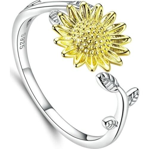 EAMTI Sunflower S925 Silver Ring Fashion Fresh Style Female Daisy Opening Adjustable Silver Jewelry Wedding Bands for Couple