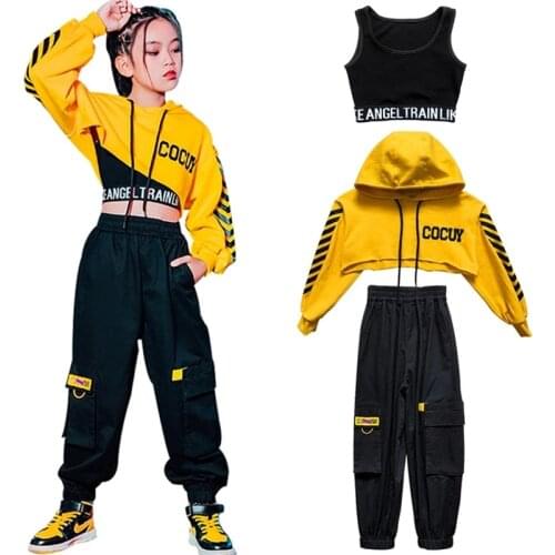 Hip Hop Costumes Long Sleeve Yellow Tops Black Pants For Girls Ballroom Jazz Dance Clothes Street Stage Performance Wear