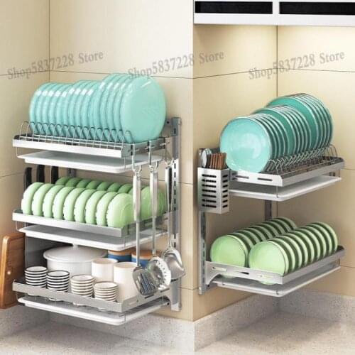 Stainless steel kitchen racks without holes to put dishes storage box tableware chopsticks plate drain rack wall-mounted