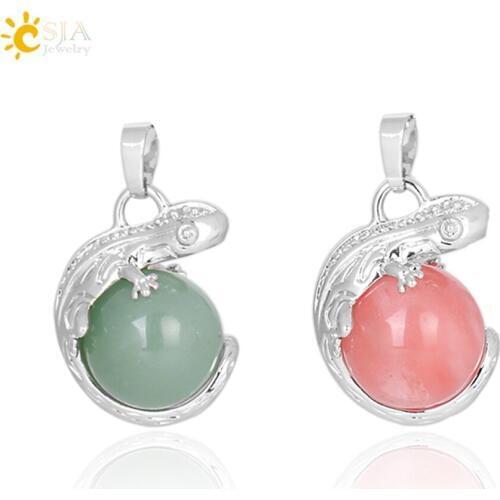 CSJA Men Jewellery Lizard Gecko Animal Necklaces Pendants Natural Stone Beaded Round Ball Opal Lapis Lazuli Women Jewelry E286