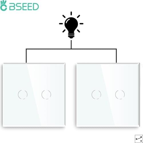 Bseed Wall Touch Switches 2Gang 2Way Lamp Switch 2packs Staircase Switches EU Standard Black White Golden Glass Panel