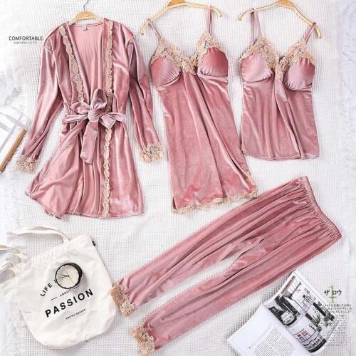 Sexy Womens Sleepwear Robe 4 Pieces Sling Nightwear Women Long-sleeved Nightgown Lace Sleep Set Gold velvet 3 Pcs Home Clothes