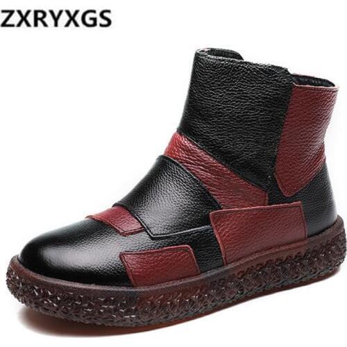 2021 New Winter Boots Women Shoes Handmade Spell Color Genuine Leather Boots Comfort Soft Martin Boots Non-slip Warm Women Boots