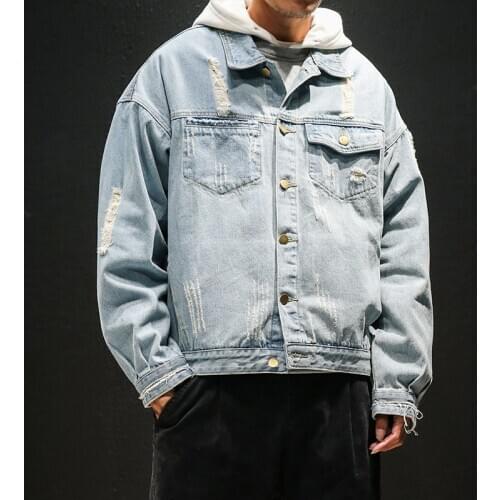 Arrival New Denim 2020 Frayed Hole Man Jean Outerwear Turn-down Collar Men Jackets and Coats Light Blue 4XL 5XL 056