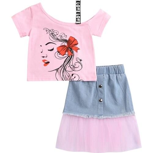 New 2 Pieces Kids Suit Set, Cartoon Figure Print Short Sleeve Off Shoulder Tops+ Denim Skirt for Summer, 6 Months-5 Years