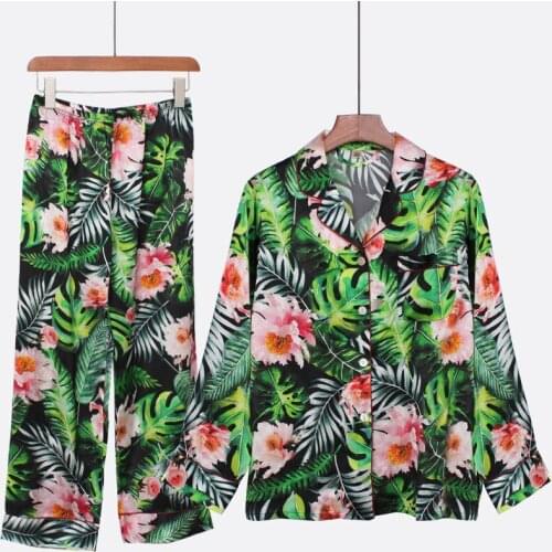 Mulberry 100% Silk Pajamas Women Suit Flowers PJ Long Sleeve Printed Floral Two-piece Tropical Rainforest Printed 19MM
