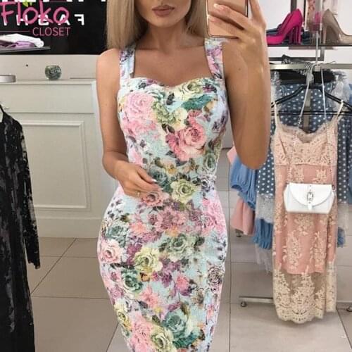 Flokocloset Spaghetti Strap Floral Print Slim Mid Dress Summer Sexy Vintage Sheath Bodycon Sundress
