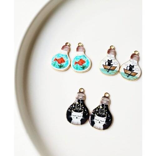 DIy jewelry making 50pcs/lot cats/fish pattern print cartoon light bulb shape alloy floating locket pendants charms