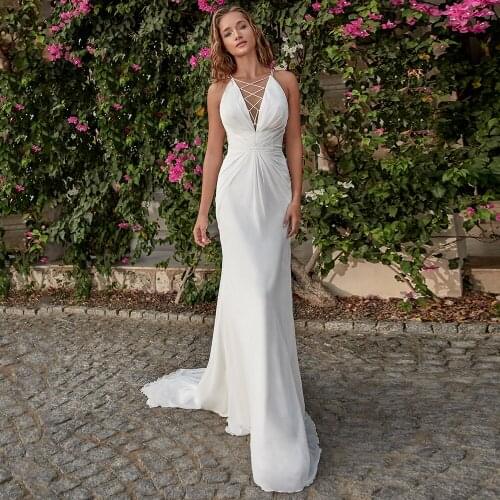 Chiffon Mermaid Sweep Train Sleeveless Pleats V-neck Wedding Dress 2021 Sexy Backless Bridal Gowns Robe De Mariée