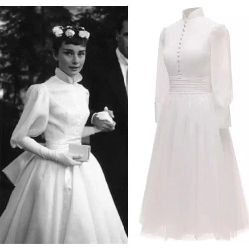 A-Line Vintage Tea Length Wedding Dress 2021 Korean Slim High Neck Button Long Sleeves Bridal Gowns vestidos de mairee