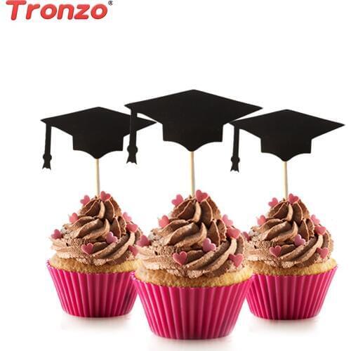 Tronzo 12pcs/lot Bachelor Hat Cap Cake Topper Graduation Party Decoration Black Paper Cupcake Topper Party Favors For Graduation