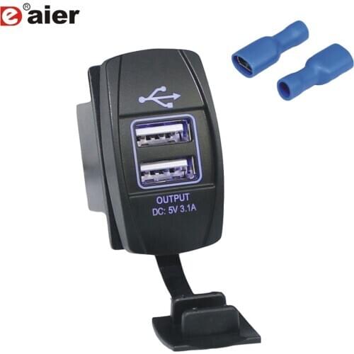 Rocker Style Dual 3.1A USB Charger Socket Power Adapter Outlet with Dust Cover Blue LED for Car Truck Marine Rocker Switch Panel