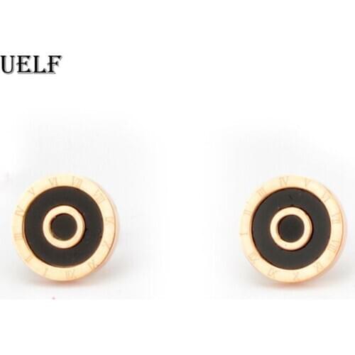 Uelf New Shiny Black Roman Numerals Double Circle Stud Earrings Titanium Steel Rose Gold Engagement Wedding Earring