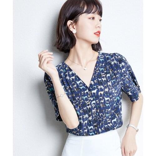 Vintage Women Blouses V-neck Printed Chiffon Shirt Summer Fashion Woman Short Sleeve Top Plus Size