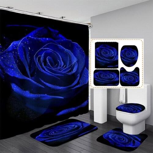 3D Purple Rose Pattern Waterproof Shower Curtain Non-slip Cushion Toilet Cushion U-shaped Cushion Bathroom Essential Set