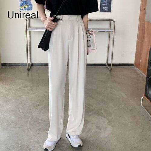 Unireal 2021 Autumn Women Wide Leg Pants White Suit Blazer Pants Streetwear High Waist Casual Trousers