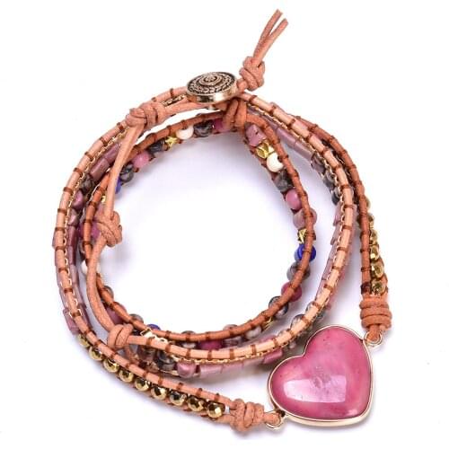Mix Natural stone Rhodonite Beaded woven Chain Leather Wrap Bracelet Heart Shaped Stone women Bracelet Dropship Wholesale